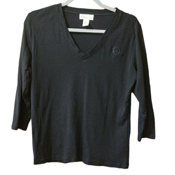 O Peal Boutique Black V-Neck 3/4 Sleeve Top Large Cotton Casual Everyday Wear - Picture 1 of 5